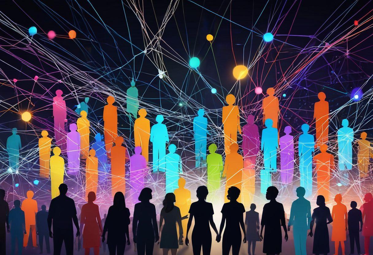 A vibrant, interconnected network of diverse individuals engaging in conversation, exchanging ideas, and collaborating, symbolizing networking and community growth. Include digital elements like glowing nodes and lines to represent connections, and a warm, inviting atmosphere. Highlight inclusivity with a variety of ages and backgrounds. super-realistic. vibrant colors.