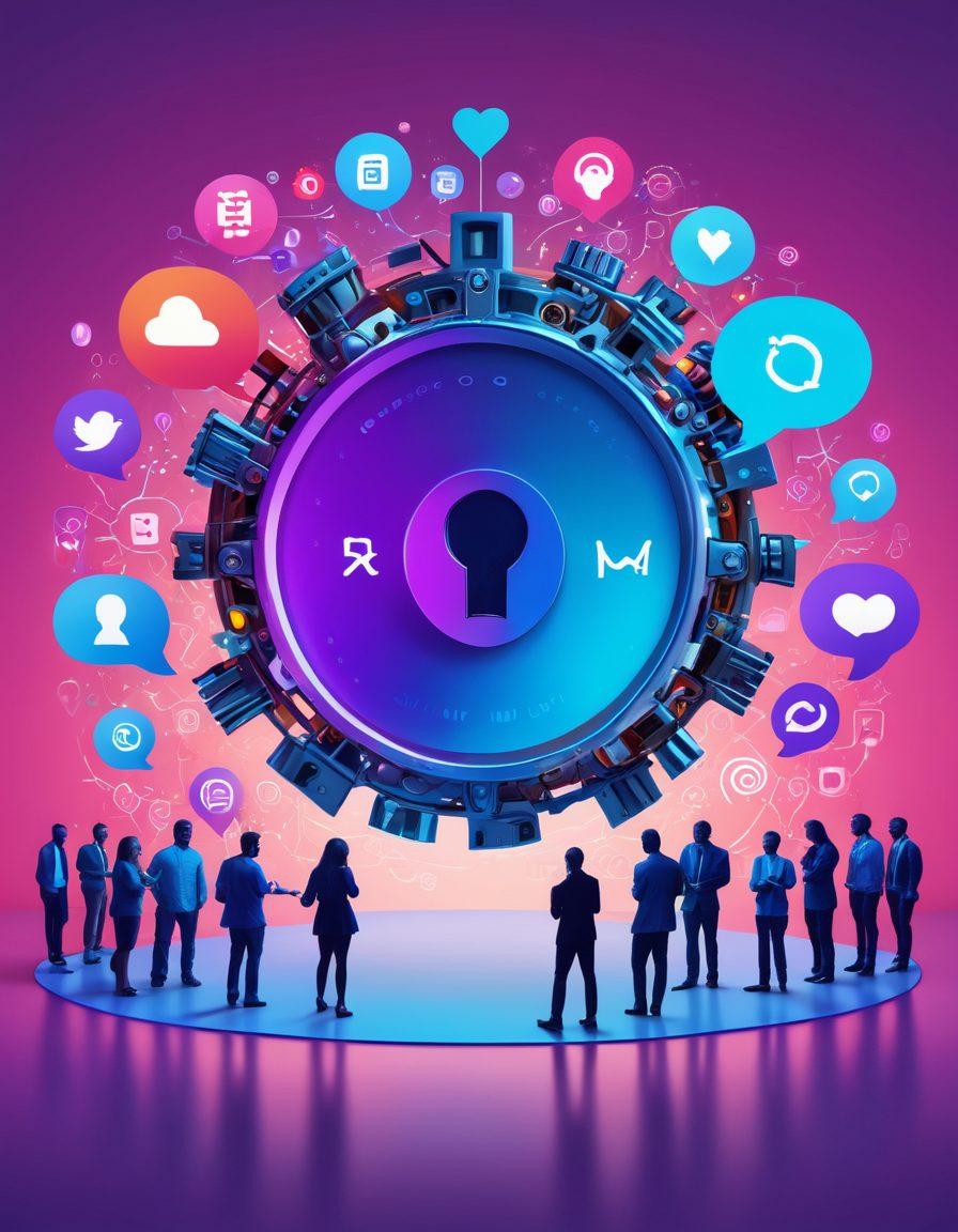 A vibrant online community scene featuring diverse individuals engaged in animated discussions, surrounded by digital icons symbolizing collaboration and engagement. Incorporate a glowing padlock representing 'unlocking power' in the center, with speech bubbles filled with lightbulbs and hearts floating around. The background should be a mix of blue and purple hues to convey a tech-friendly atmosphere. super-realistic. vibrant colors.