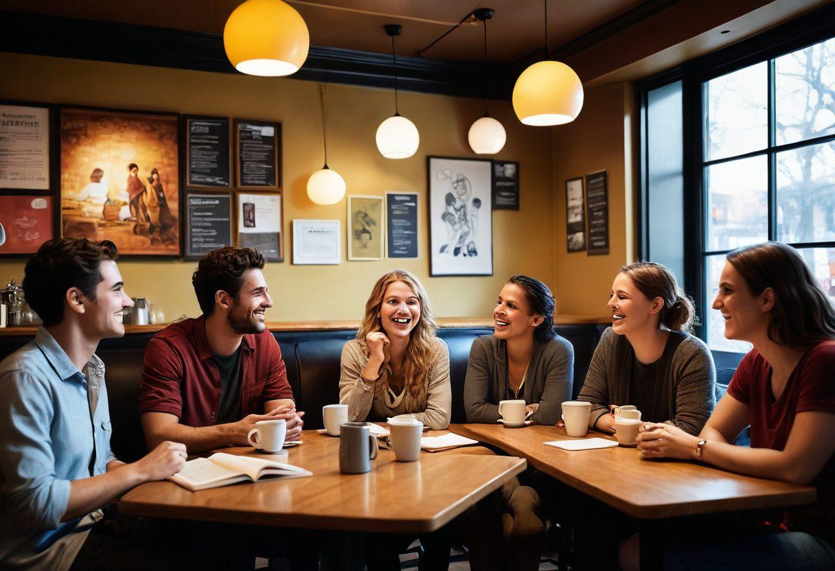 A vibrant café setting with diverse groups of people engaged in animated conversations, some laughing, others deep in thought. Emphasize a mix of casual and serious discussions, with speech bubbles illustrating topics ranging from light-hearted jokes to profound philosophical questions. Warm lighting and cozy decor enhance the inviting atmosphere. Include elements that suggest transition between casual chats and deep discussions, like steaming coffee cups and open books. super-realistic. vibrant colors. cozy ambiance.